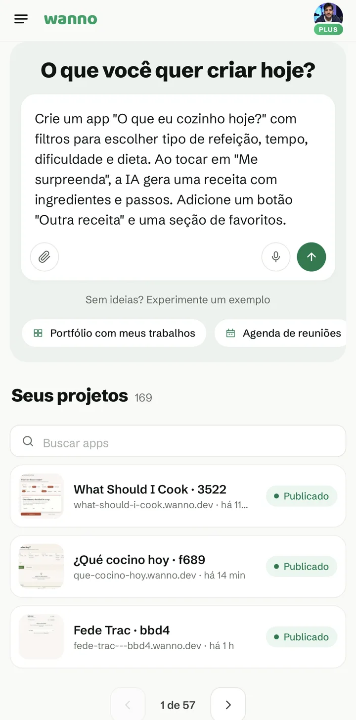 Prompt do app O que eu cozinho hoje? na tela inicial do wanno