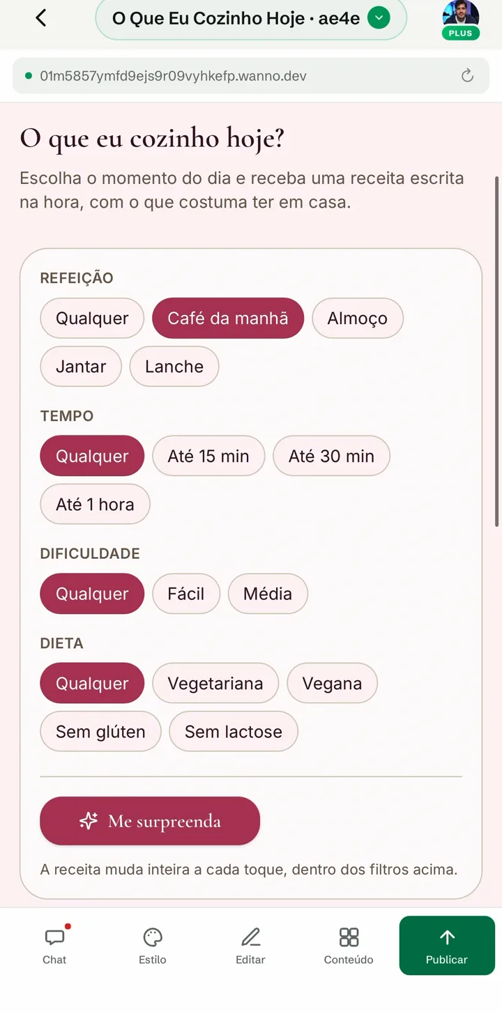 Filtros do app com Café da manhã selecionado
