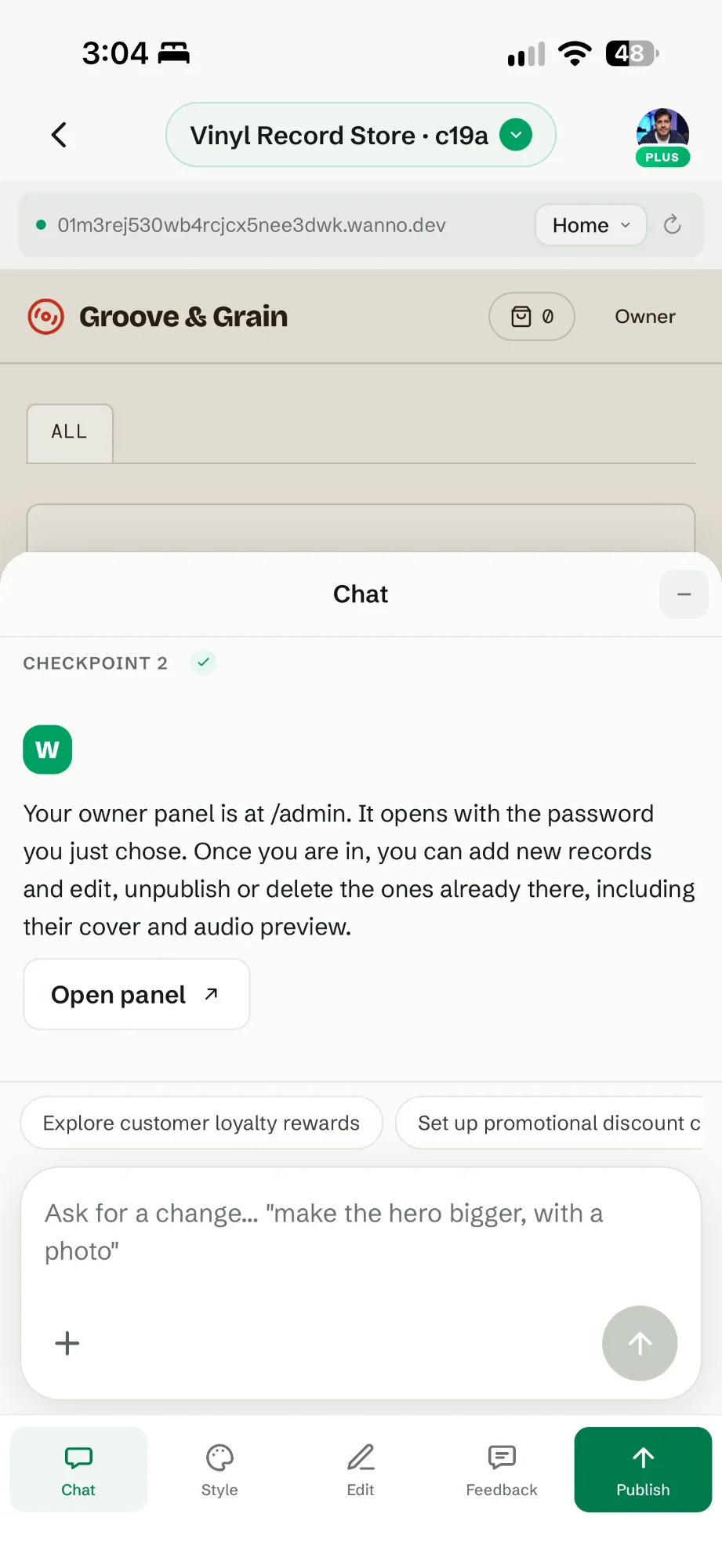 Chat explaining the owner panel at /admin, with the Open panel button