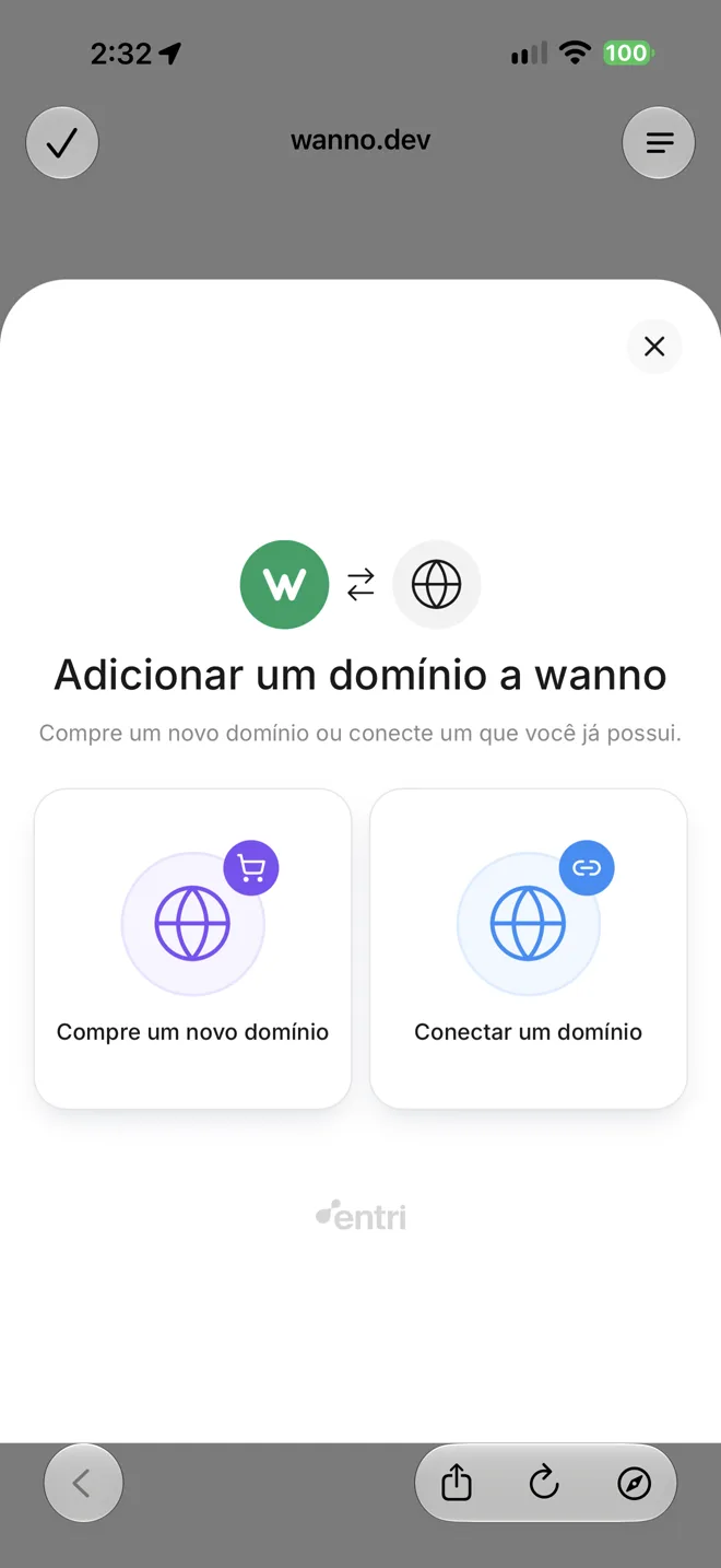 Tela Adicionar um domínio a wanno com as opções comprar ou conectar
