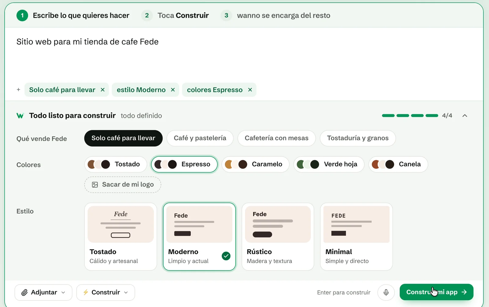 Prompt con las etiquetas elegidas y el panel en "Todo listo para construir"
