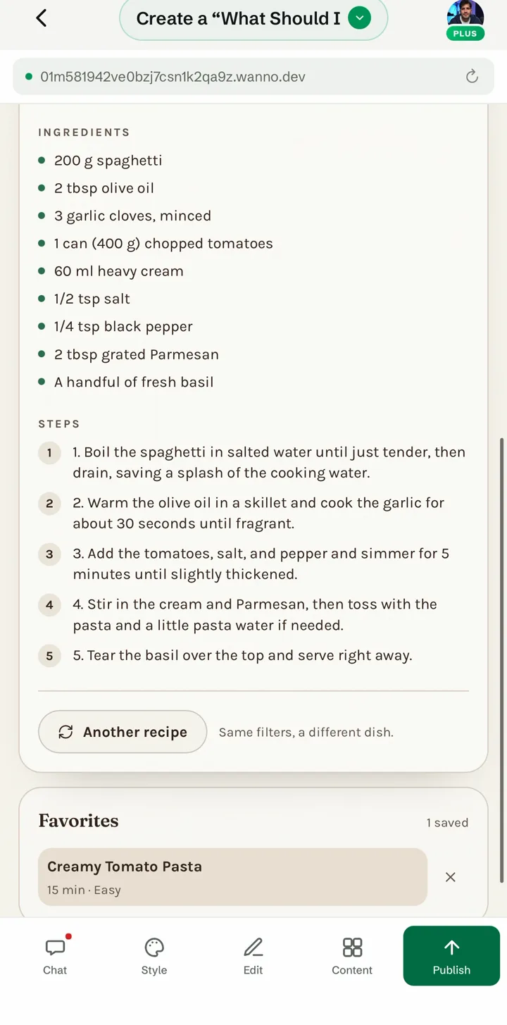 Favorites section with Creamy Tomato Pasta saved
