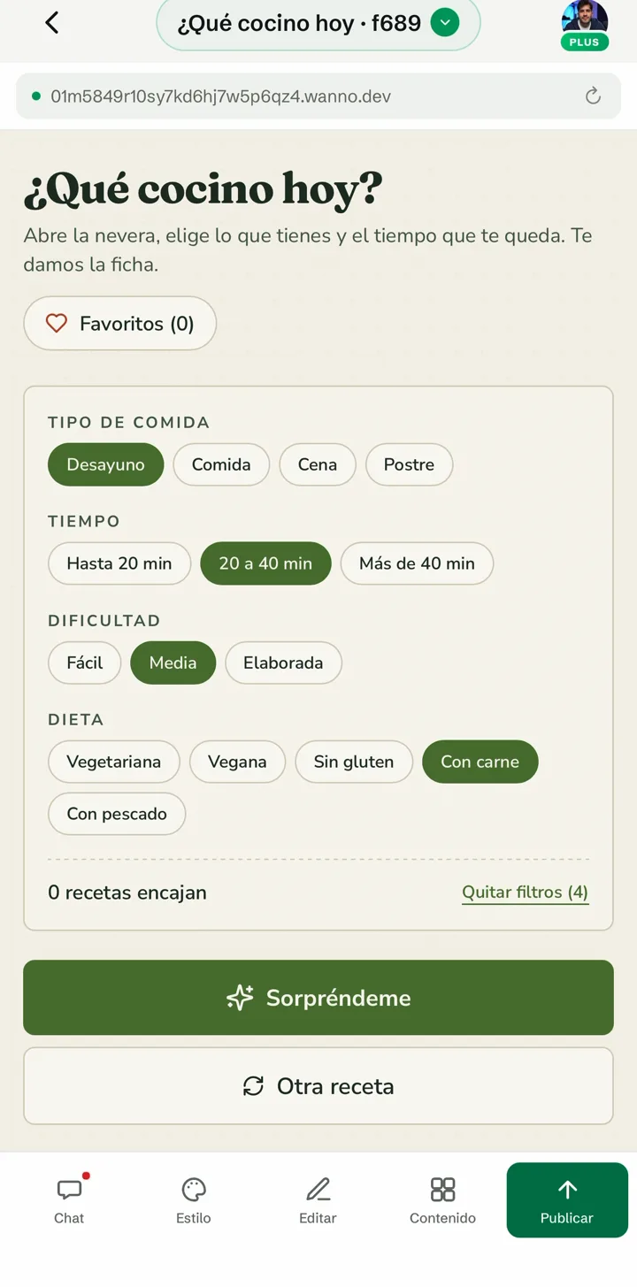 Filtros de la app: Desayuno, 20 a 40 min, Media y Con carne seleccionados