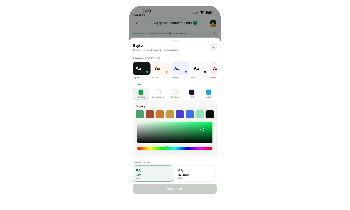 Style panel with ready-made themes, color roles and typography options