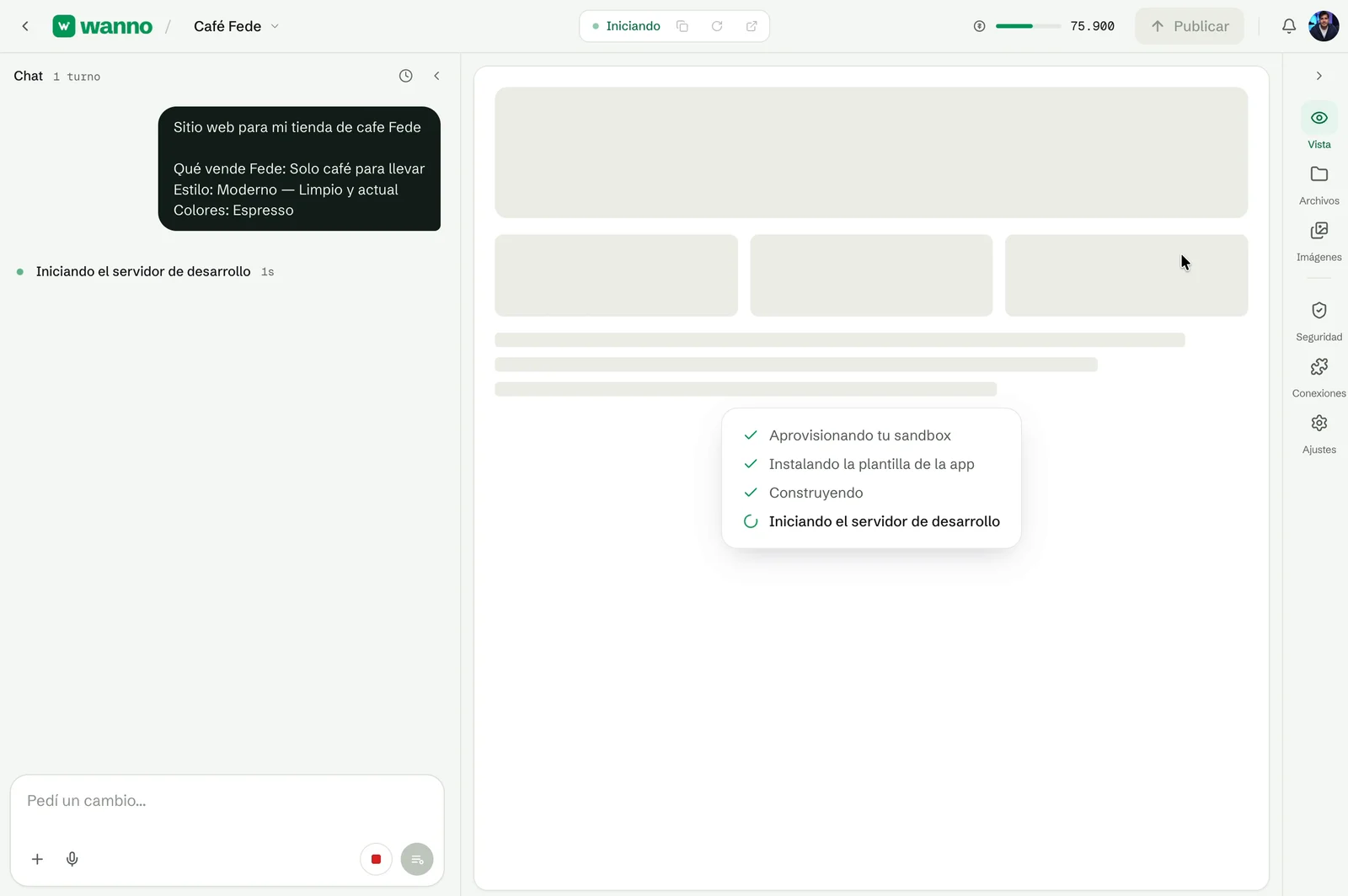 Editor de wanno con el resumen del pedido y el progreso de construcción