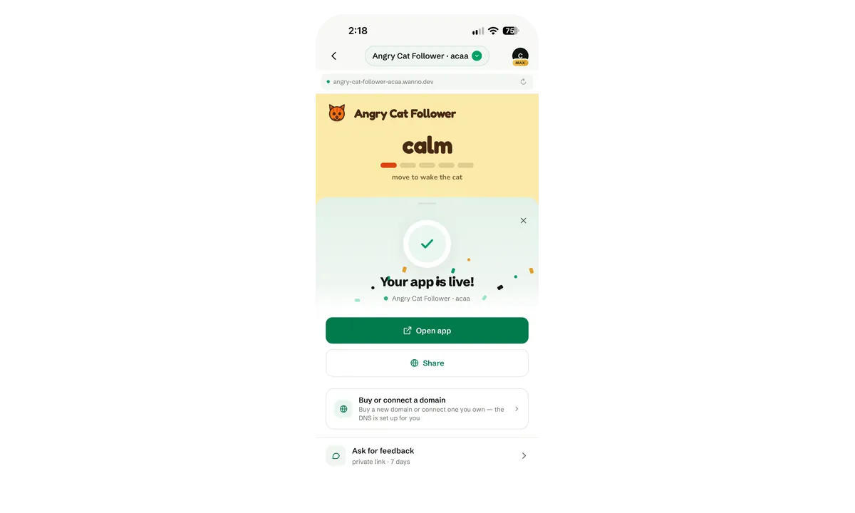Your app is live confirmation with Open app and Share buttons