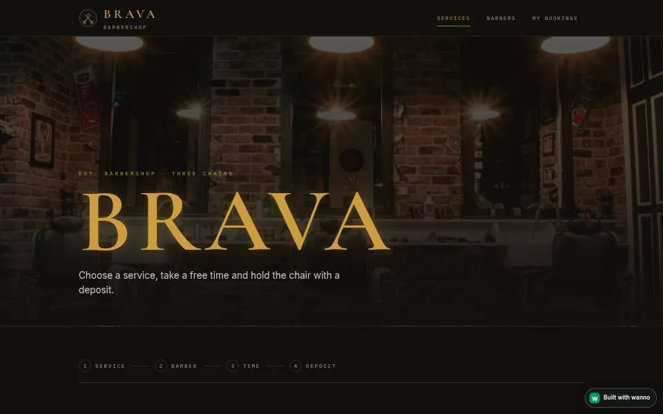 A booking app built with wanno: Brava, a barbershop where clients pick a service, a barber and a time