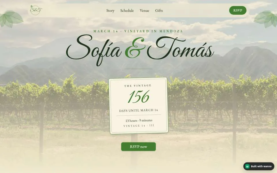 An event page built with wanno: Sofía and Tomás’s wedding at a vineyard in Mendoza