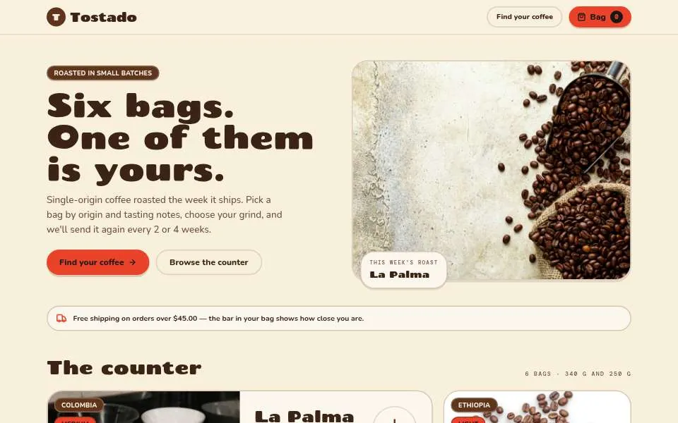An online store built with wanno: Tostado, a small-batch coffee roaster