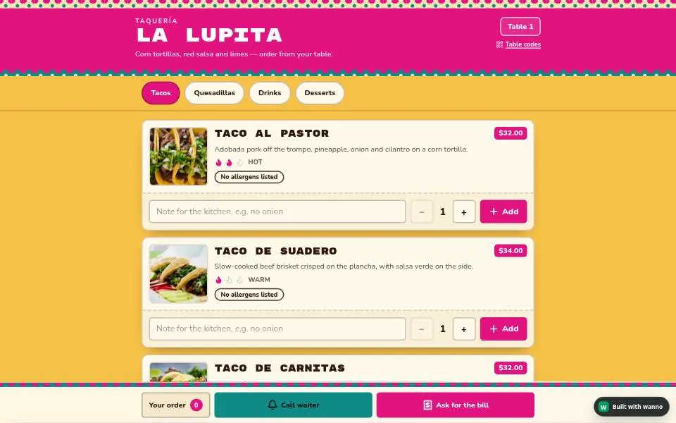 A QR menu built with wanno: La Lupita, a taquería where guests order from their table